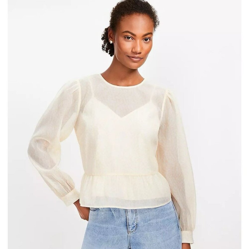 LOFT Sheer Cream Long-Sleeve Peplum Blouse